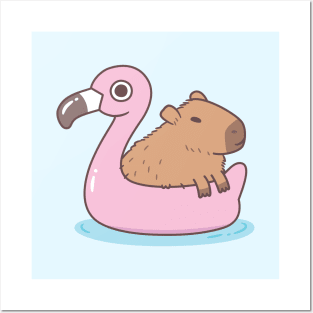 Cute Capybara Chillin On Flamingo Pool Float Posters and Art